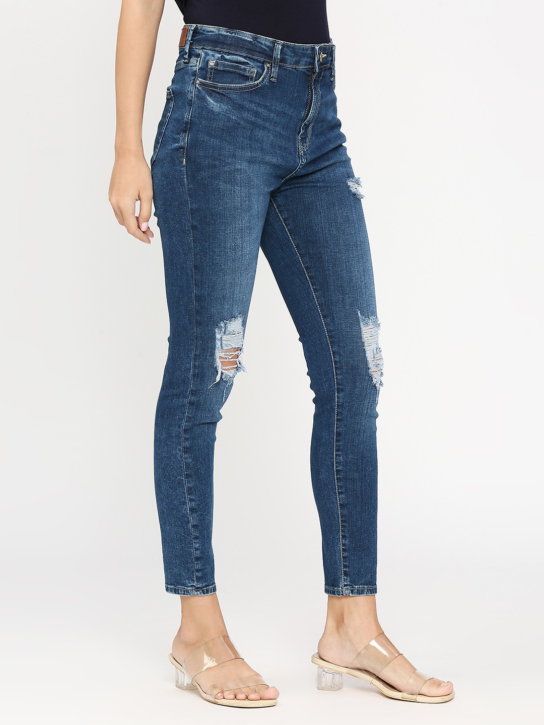 Spykar Women Dark Blue Cotton Super Skinny Fit Ankle Length Knee Slash High Rise Jeans (Alexa)
