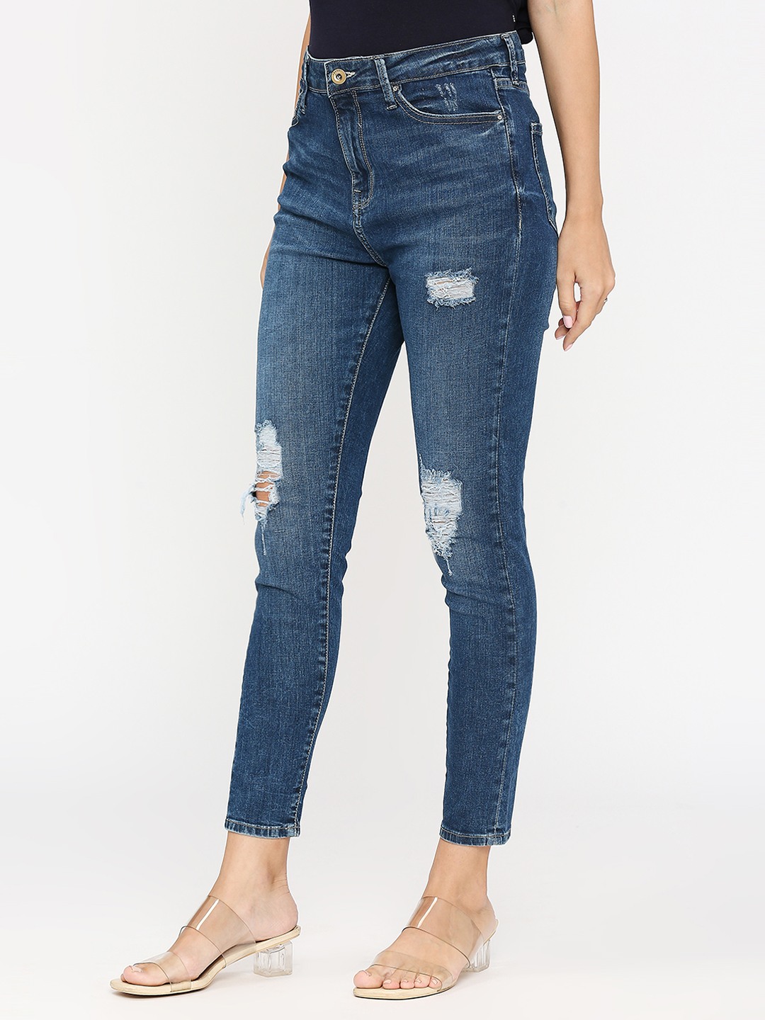 Spykar Women Dark Blue Cotton Super Skinny Fit Ankle Length Knee Slash High Rise Jeans (Alexa)