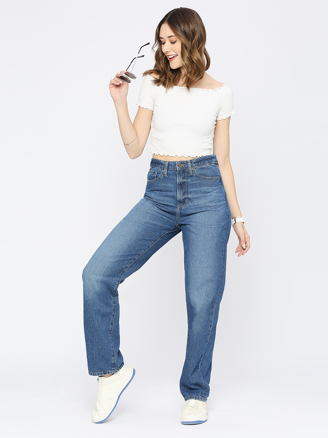 Spykar Women Mid Blue Cotton Straight Fit - Clean Look High Rise Jeans-(Bella)