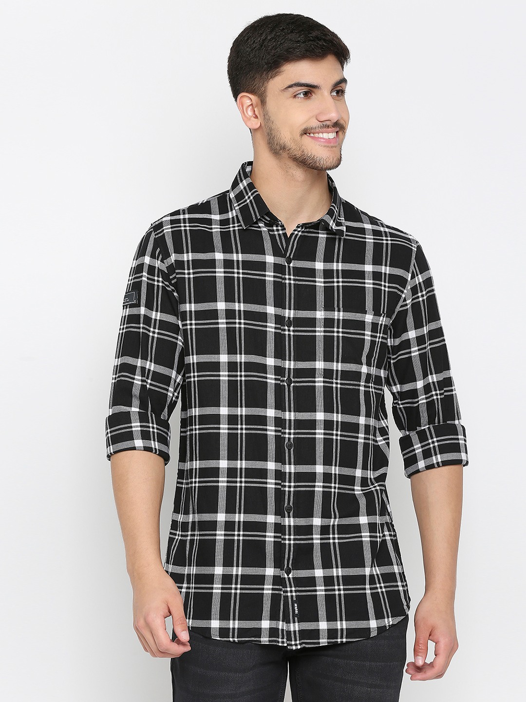 Men's Black Cotton Checked Casual Shirts