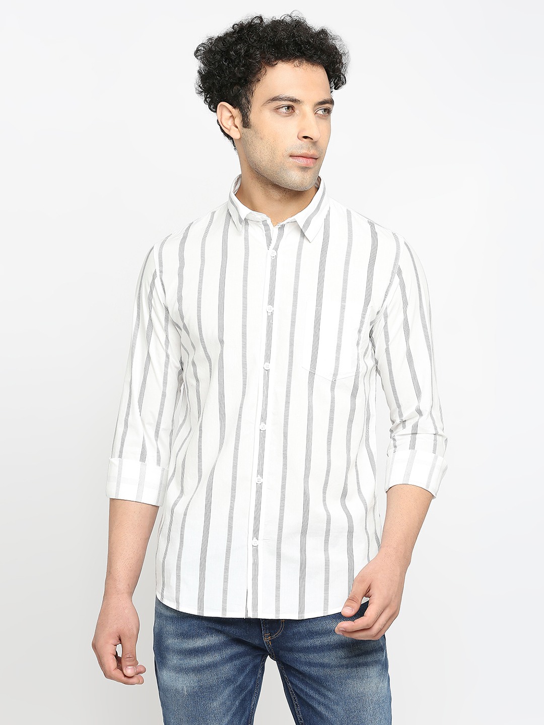 Spykar White Cotton Full Sleeve Stripes Shirt For Men