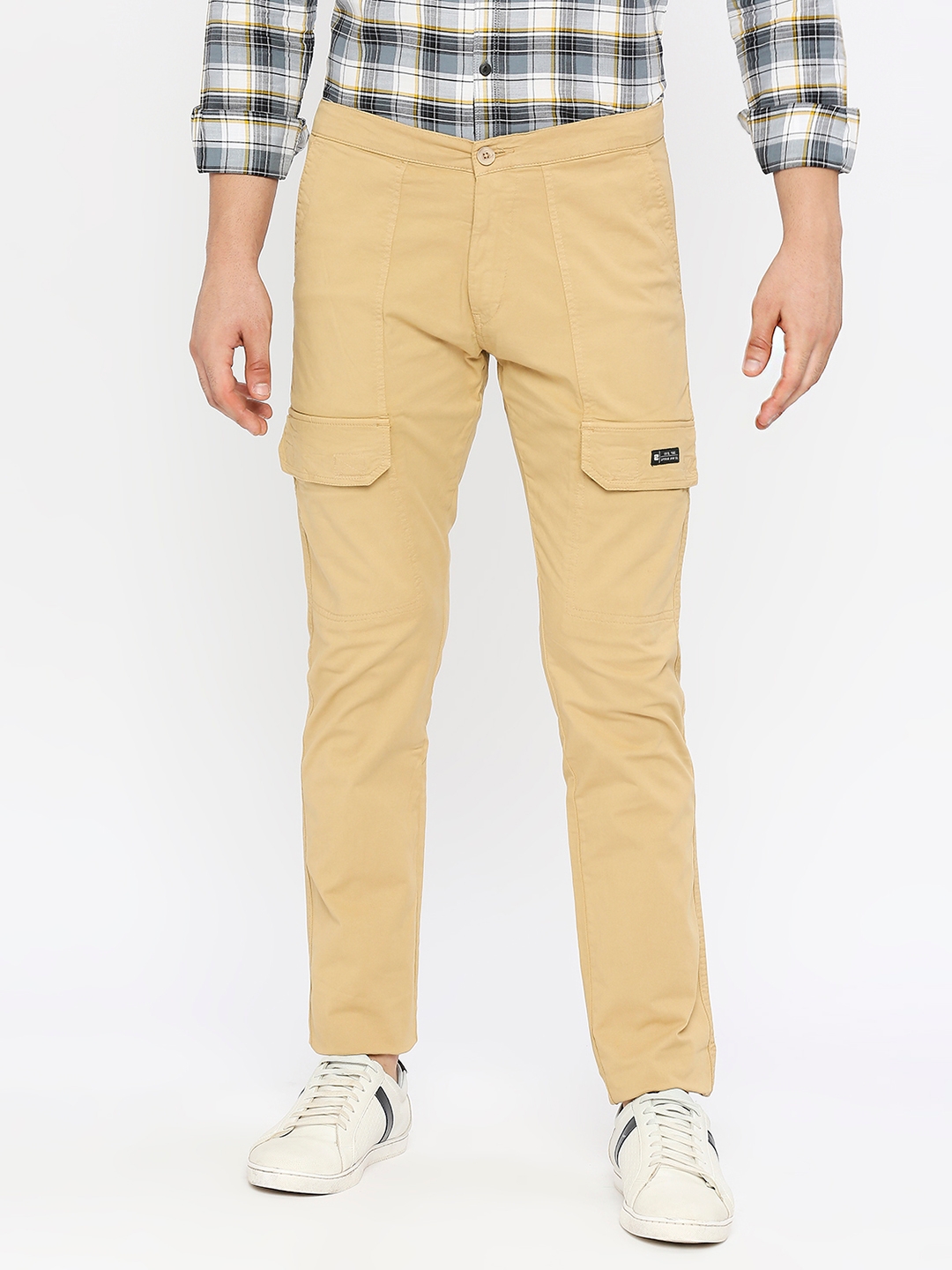 spykar | Spykar Men Light Khaki Cotton Slim Fit Ankle Length Plain Trousers 0