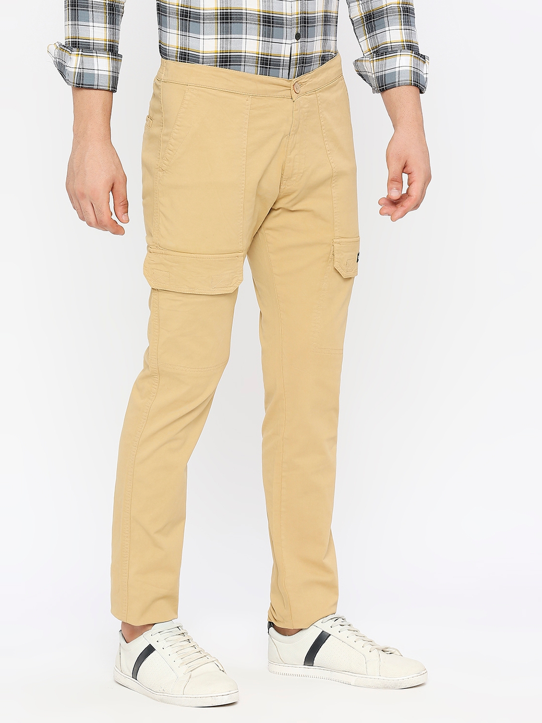 spykar | Spykar Men Light Khaki Cotton Slim Fit Ankle Length Plain Trousers 2