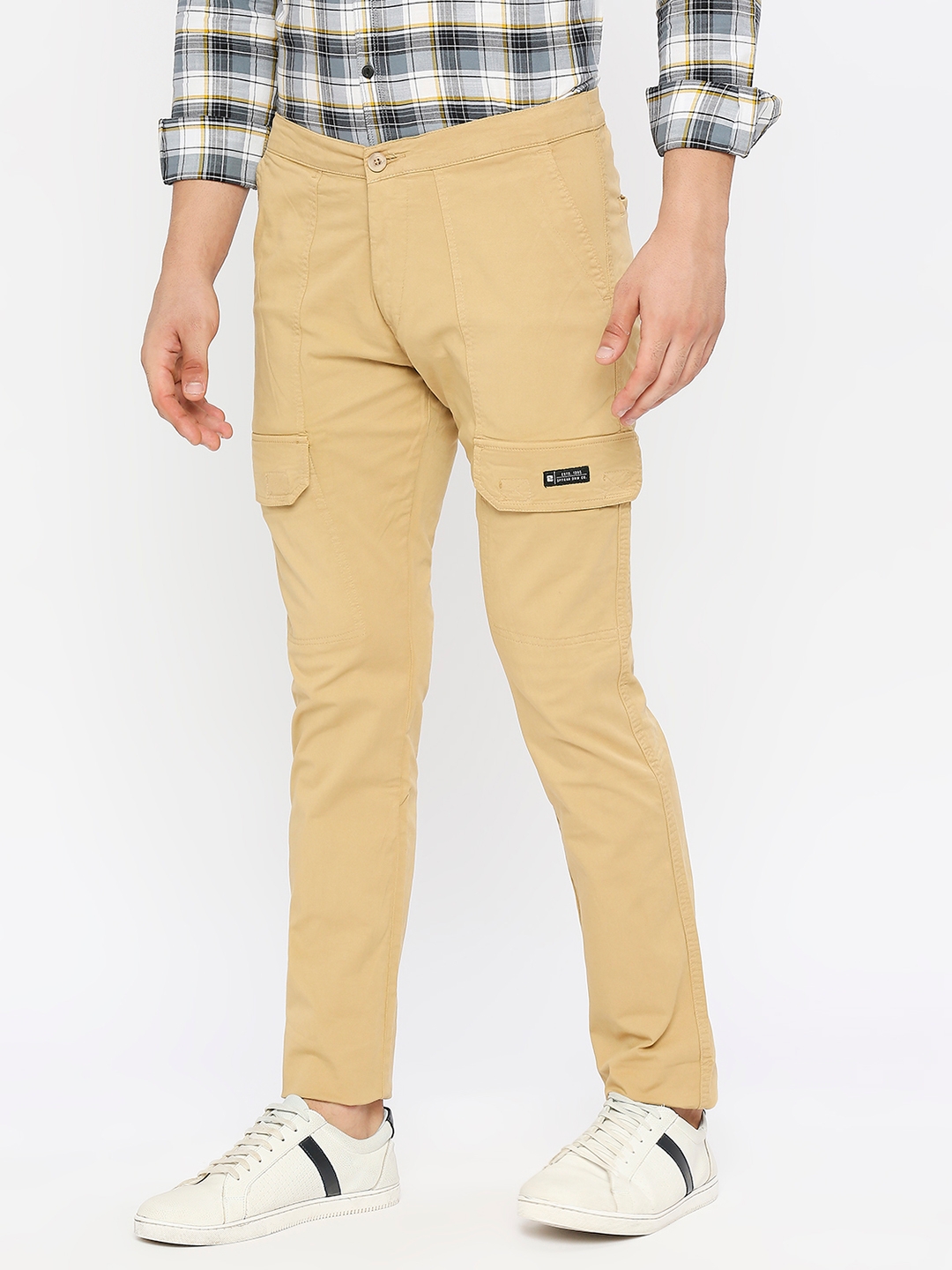 spykar | Spykar Men Light Khaki Cotton Slim Fit Ankle Length Plain Trousers 1