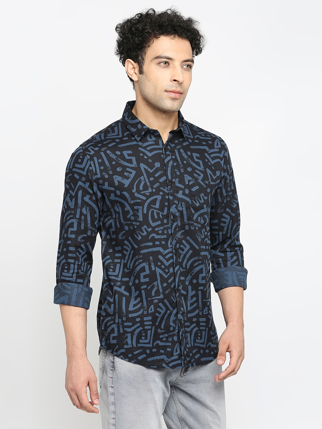 spykar | Spykar Navy Blue Cotton Full Sleeve Printed Shirt For Men 2