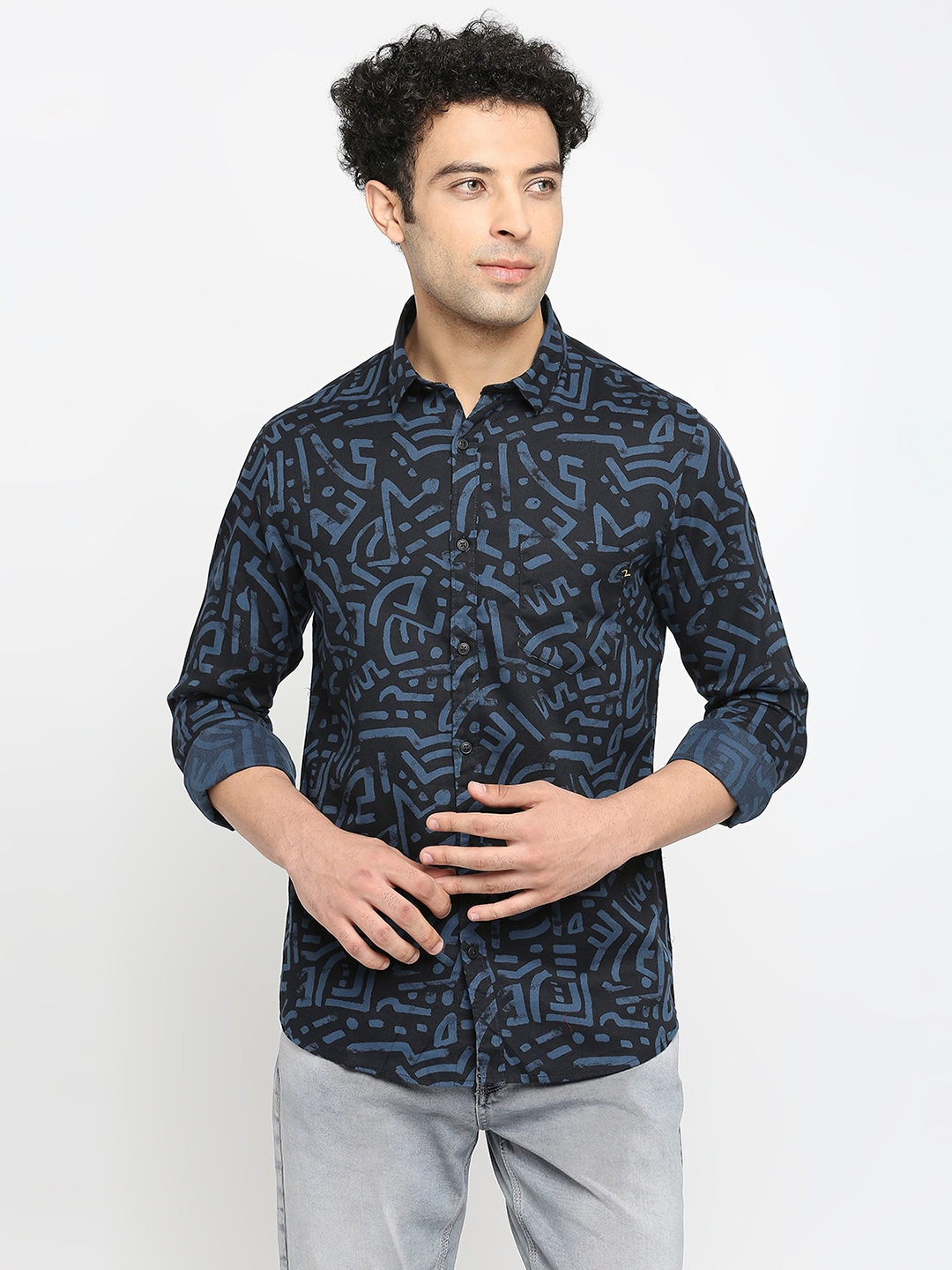spykar | Spykar Navy Blue Cotton Full Sleeve Printed Shirt For Men 0
