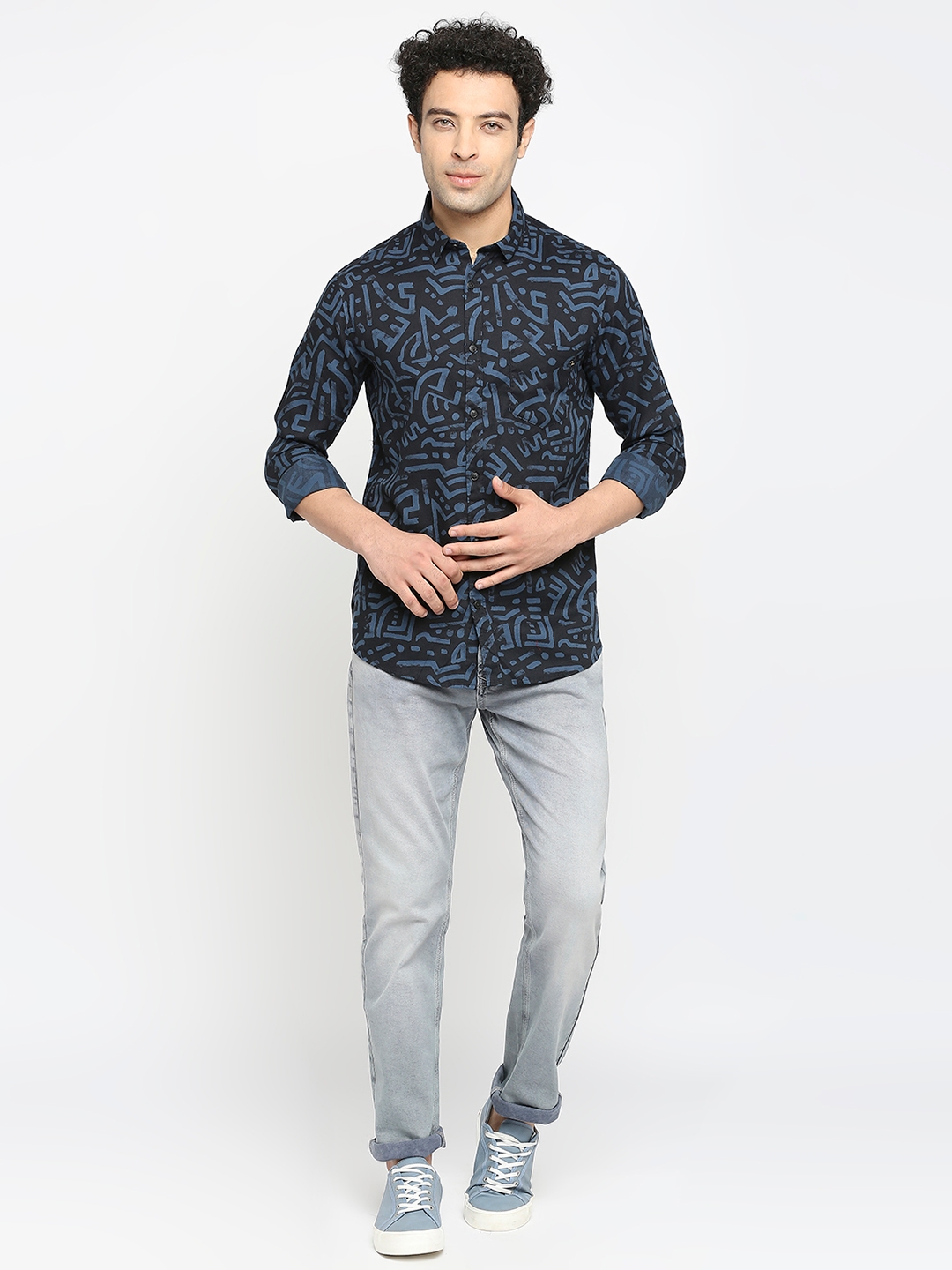 spykar | Spykar Navy Blue Cotton Full Sleeve Printed Shirt For Men 5