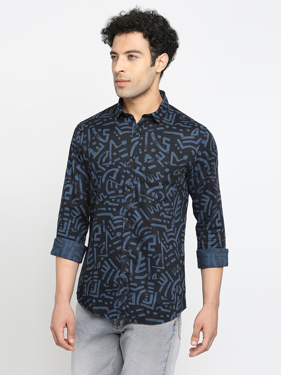 spykar | Spykar Navy Blue Cotton Full Sleeve Printed Shirt For Men 1