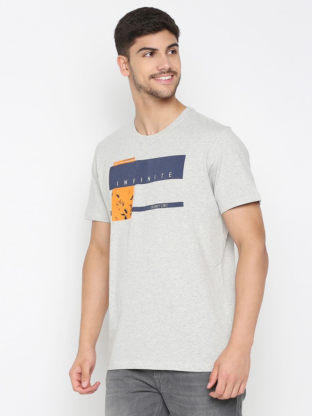 spykar | Spykar Ash Melange Cotton Half Sleeve Printed Casual T-Shirt For Men 1