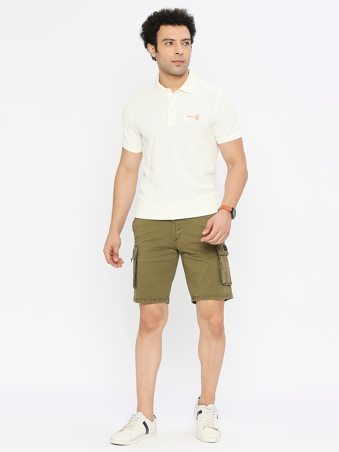 Spykar | Spykar Men Olive Green Cotton Slim Fit Knee Length Denim Shorts 5