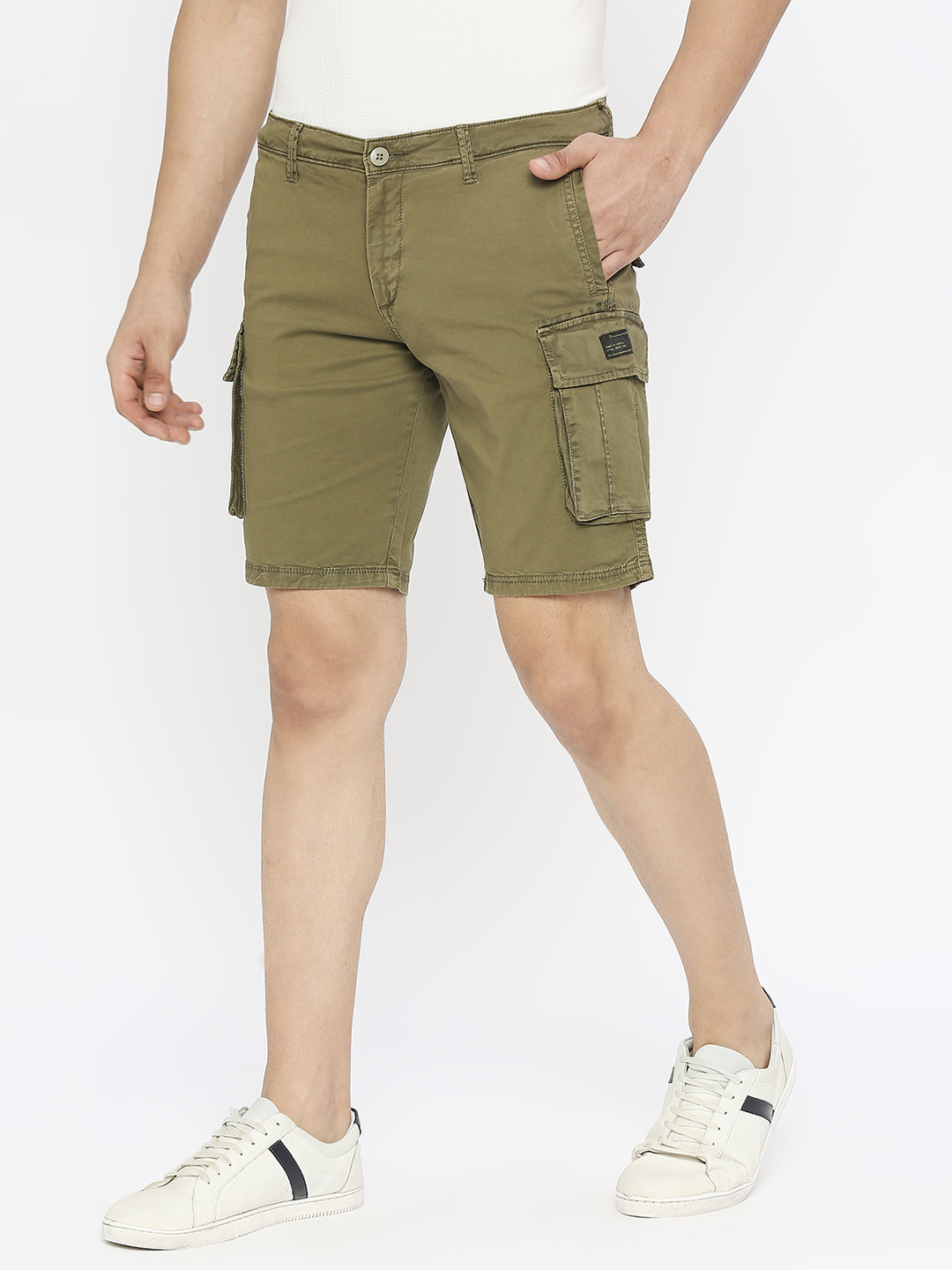 spykar | Spykar Men Olive Green Cotton Slim Fit Knee Length Denim Shorts 1