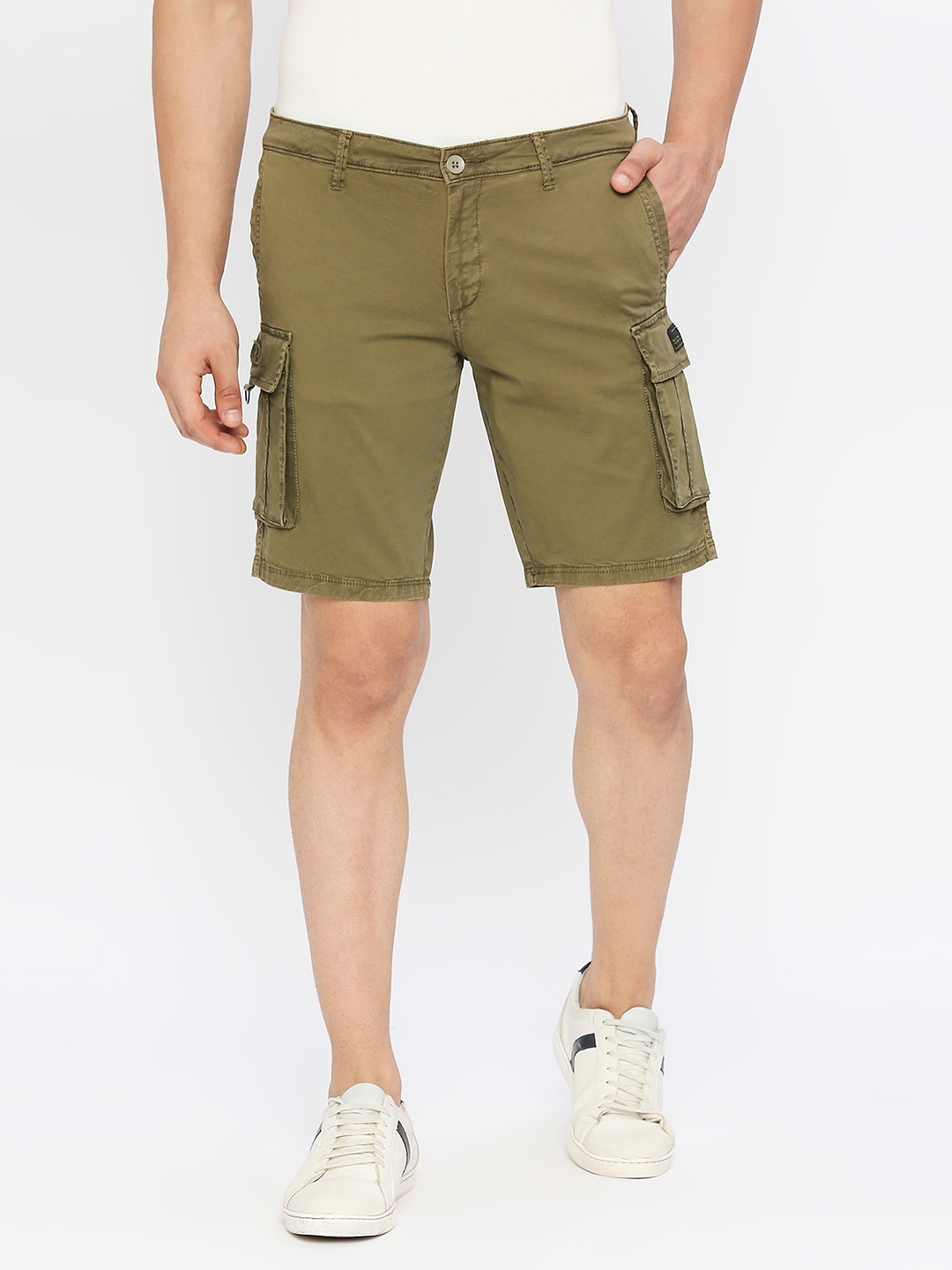 Spykar | Spykar Men Olive Green Cotton Slim Fit Knee Length Denim Shorts 0