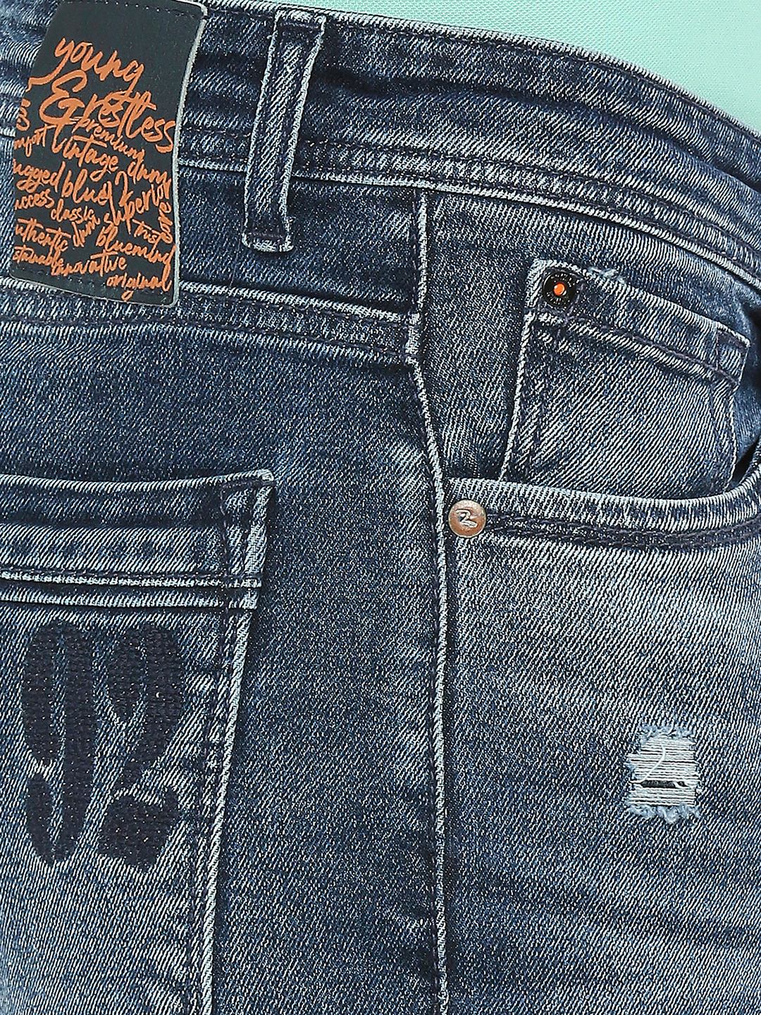 Spykar Men Dark Blue Cotton Slim Fit Tapered Length Mildly Distressed Mid Rise Jeans-(Kano)