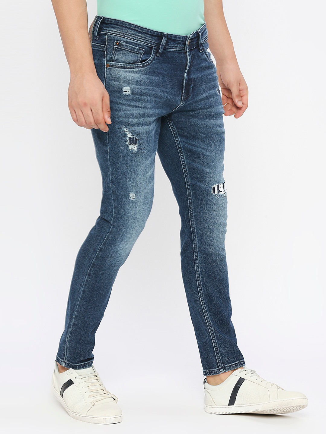 Spykar Men Dark Blue Cotton Slim Fit Tapered Length Mildly Distressed Mid Rise Jeans-(Kano)