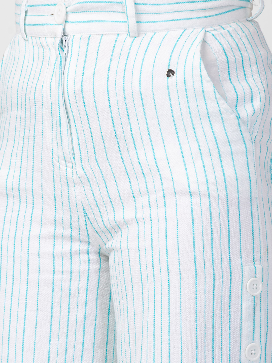 Women's White Cotton Blend Striped Trousers