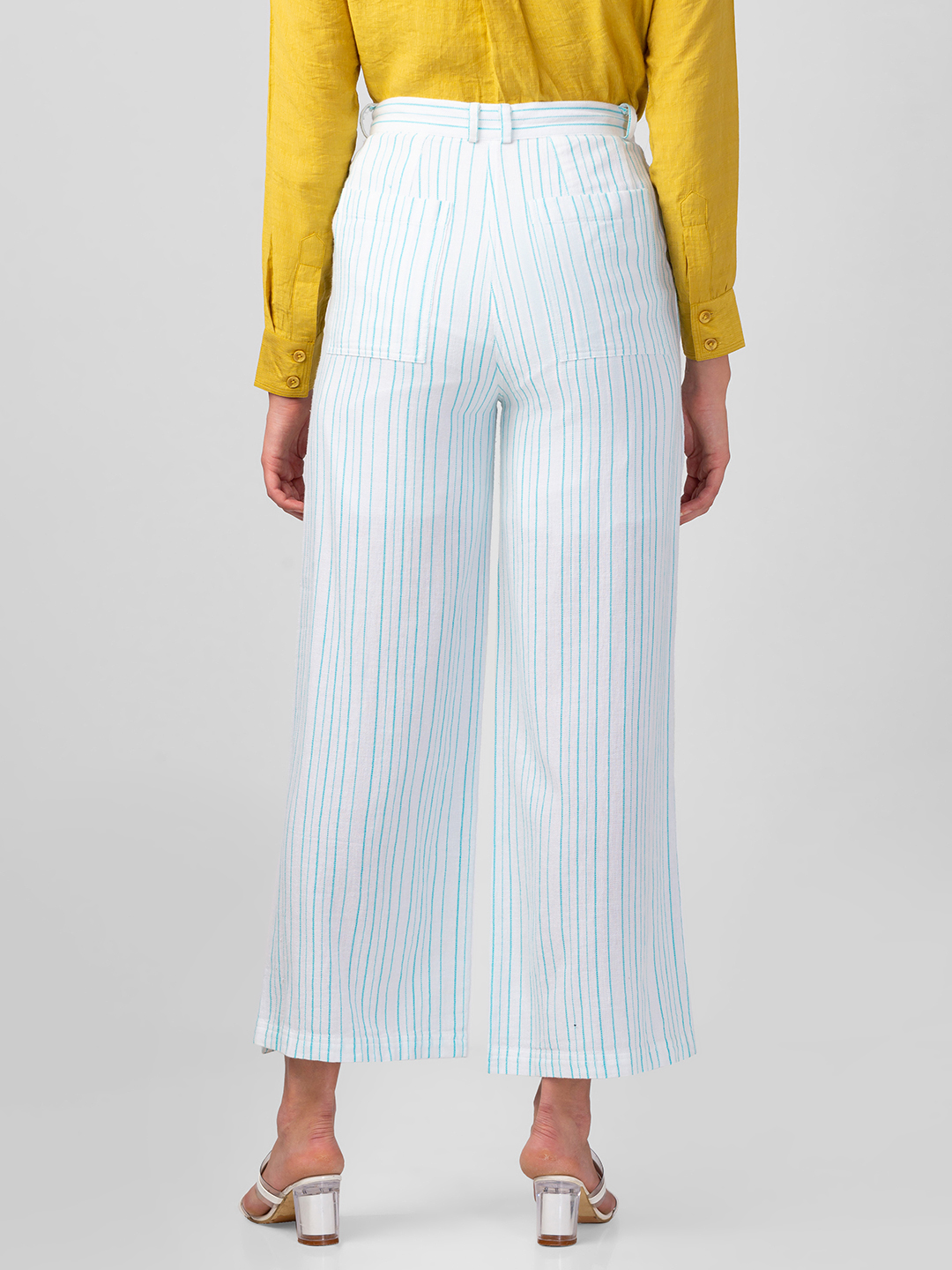 Women's White Cotton Blend Striped Trousers