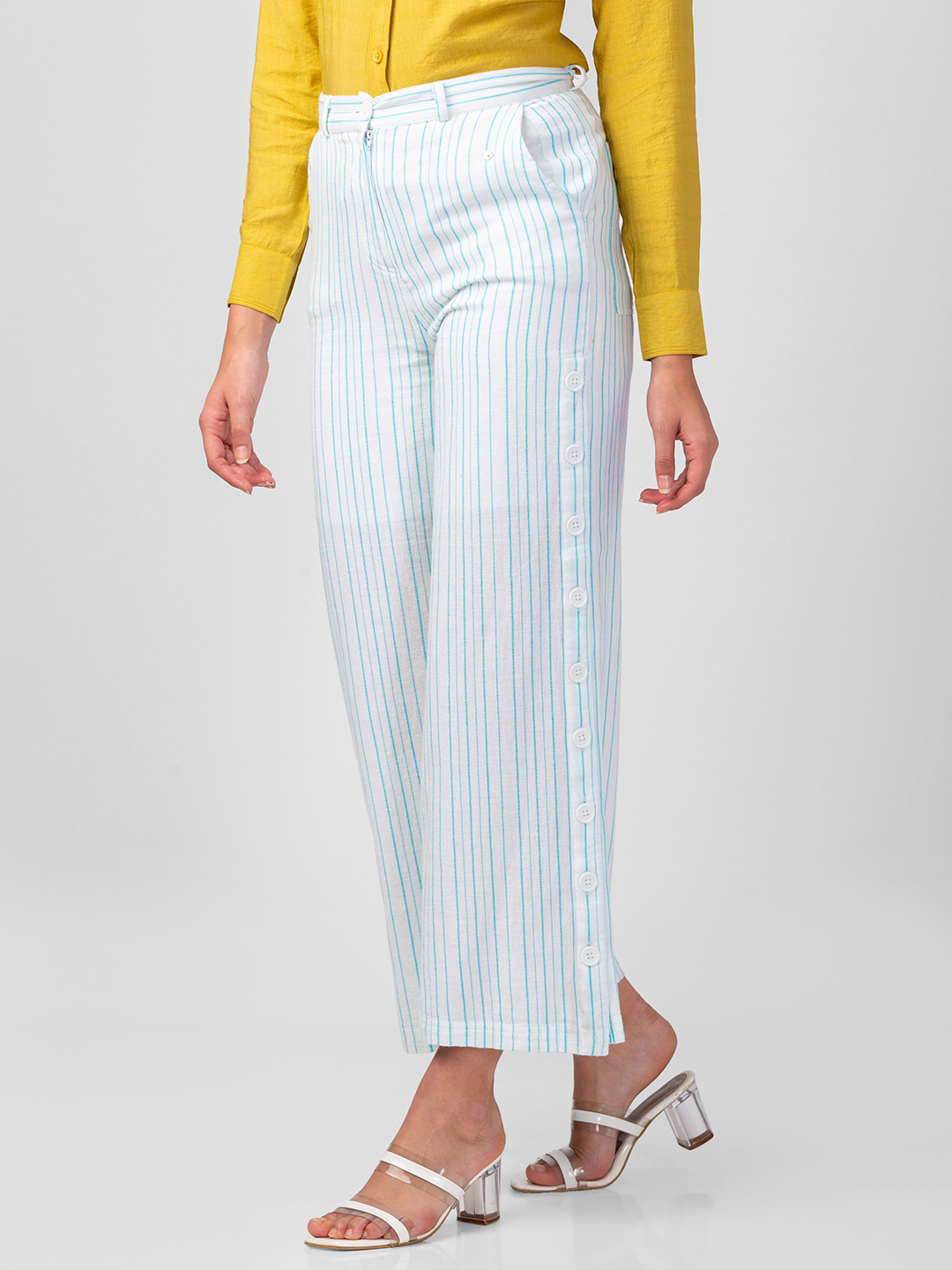 Women's White Cotton Blend Striped Trousers