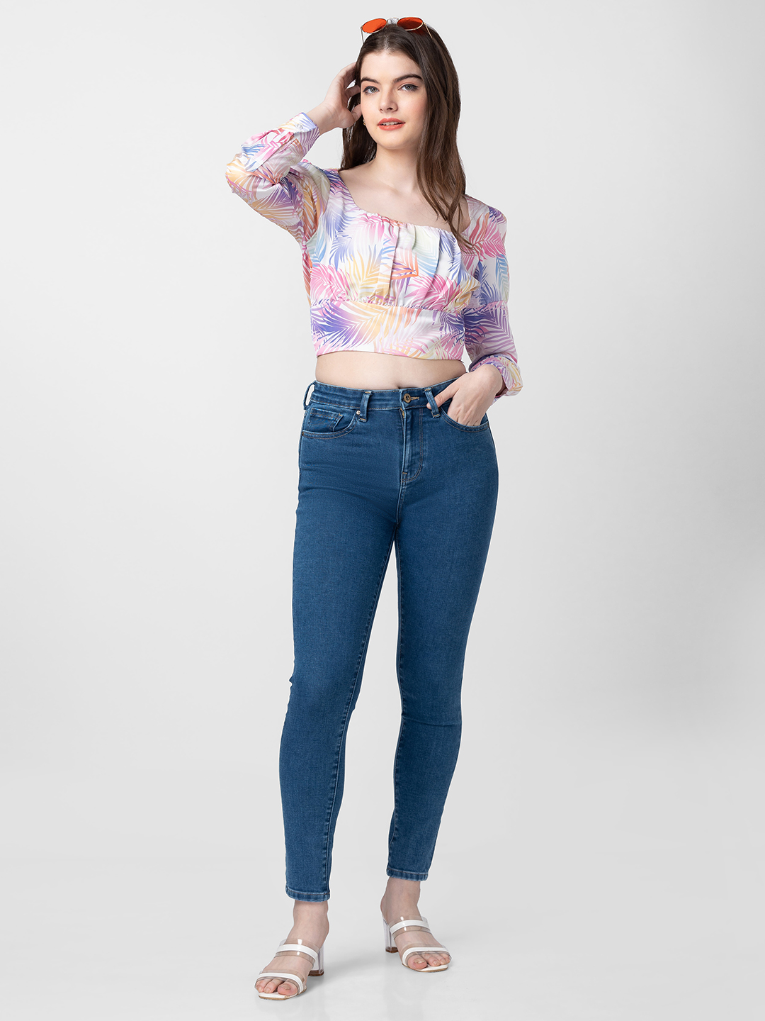 Spykar Women Pink Cotton Floral Crop Top