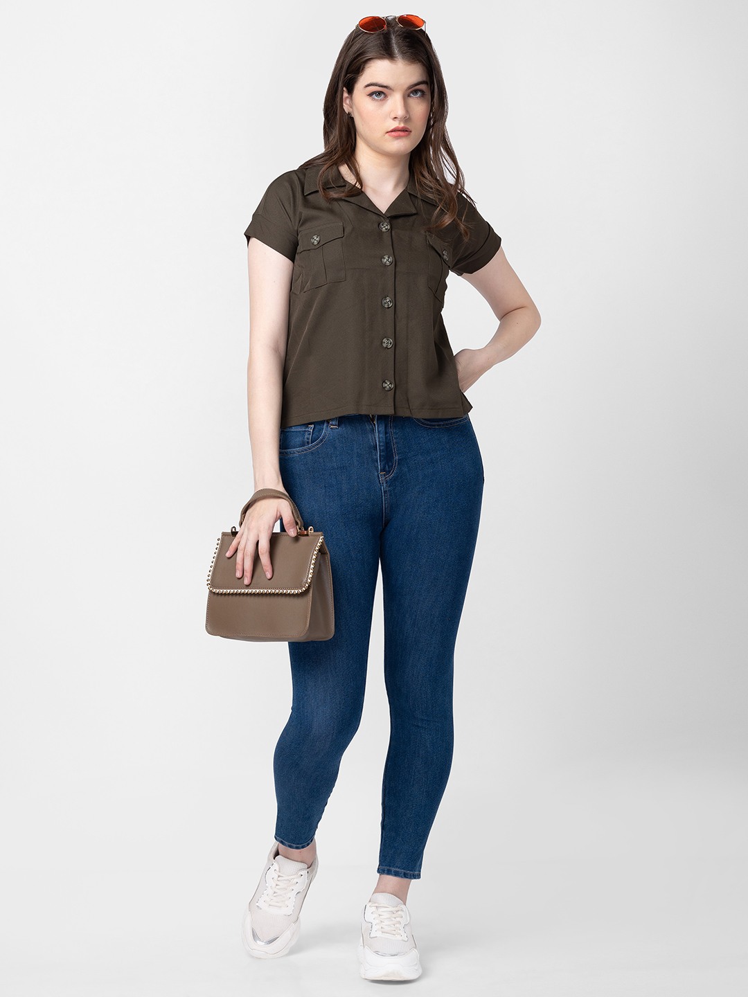Spykar Women Olive Cotton Slim Fit Half Sleeve Plain Shirt