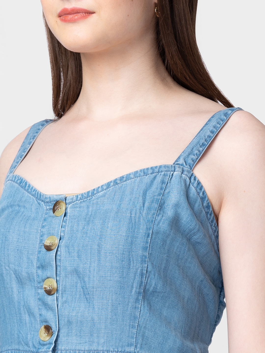 Nuon by Westside Solid Mid Blue Denim Collared Dress