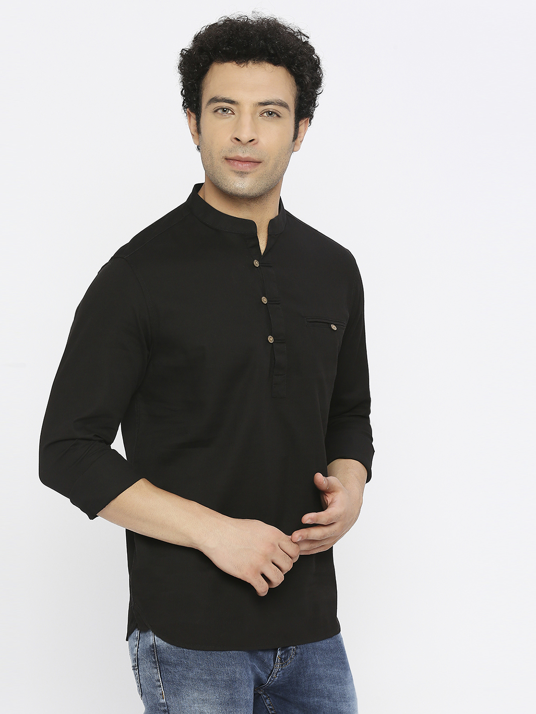 Spykar Men Black Slub Slim Fit Mandarin Collar Plain Kurta