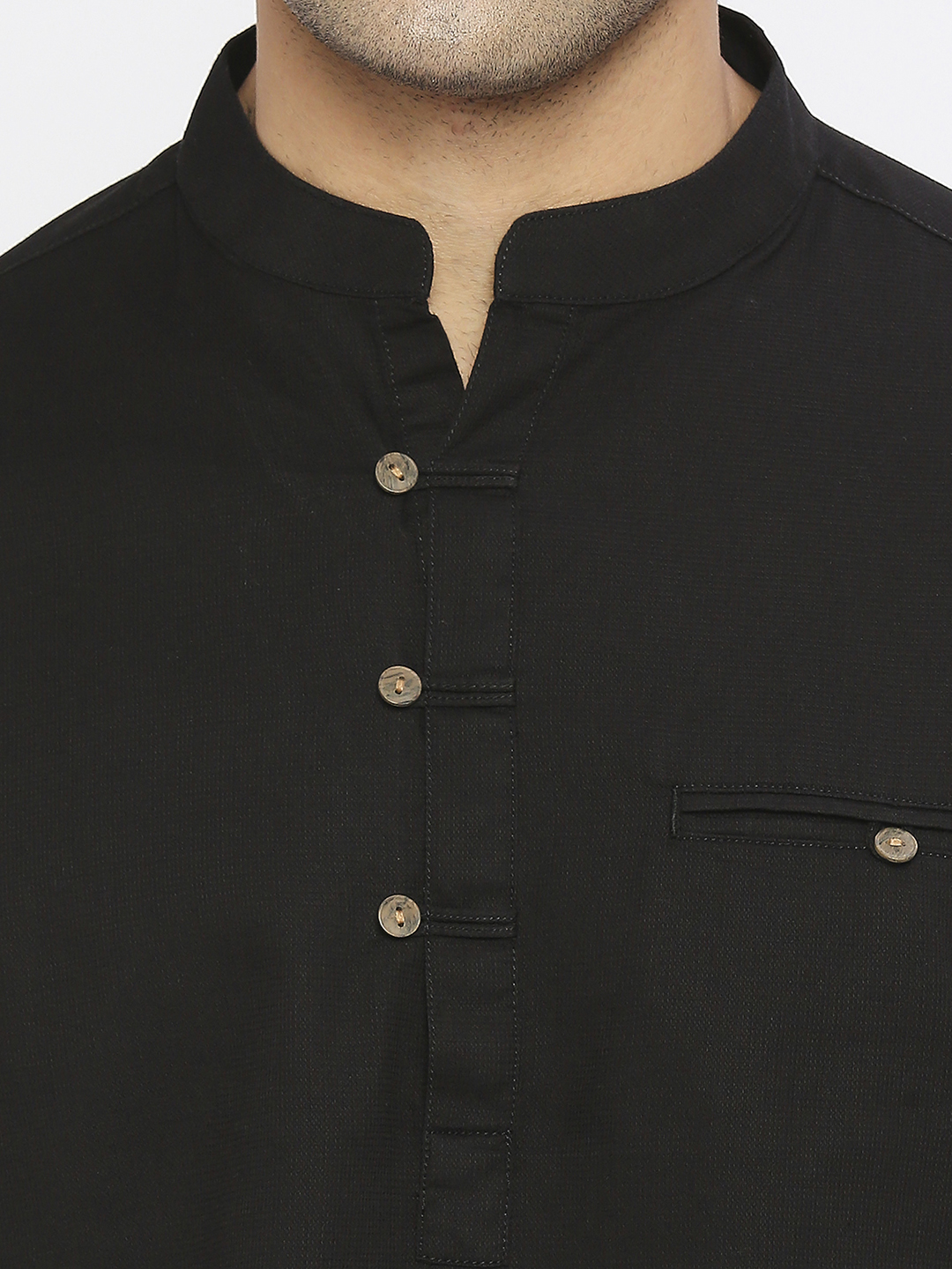 Spykar Men Black Slub Slim Fit Mandarin Collar Plain Kurta