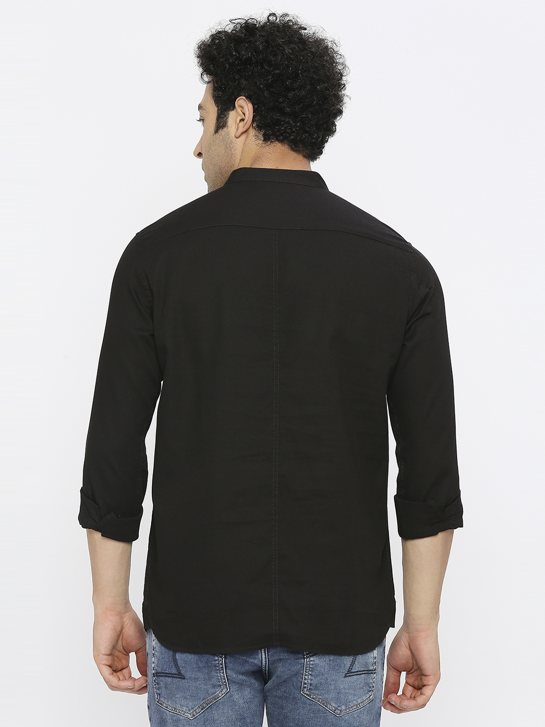 Spykar Men Black Slub Slim Fit Mandarin Collar Plain Kurta