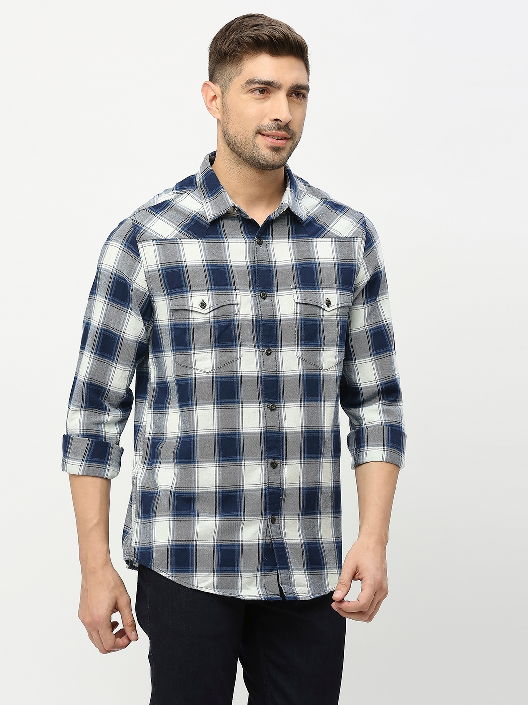 spykar | Spykar Men Indigo Blue Cotton Twil Slim Fit Full Sleeve Checkred Shirt 2