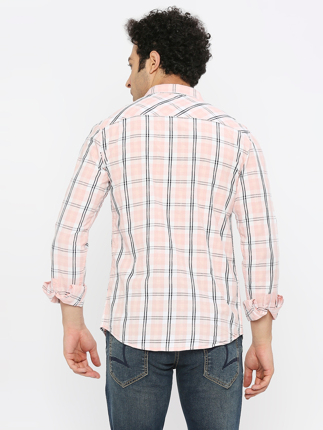 Spykar | Spykar Men Peach Cotton Slim Fit Full Sleeve Checkered Shirt 3