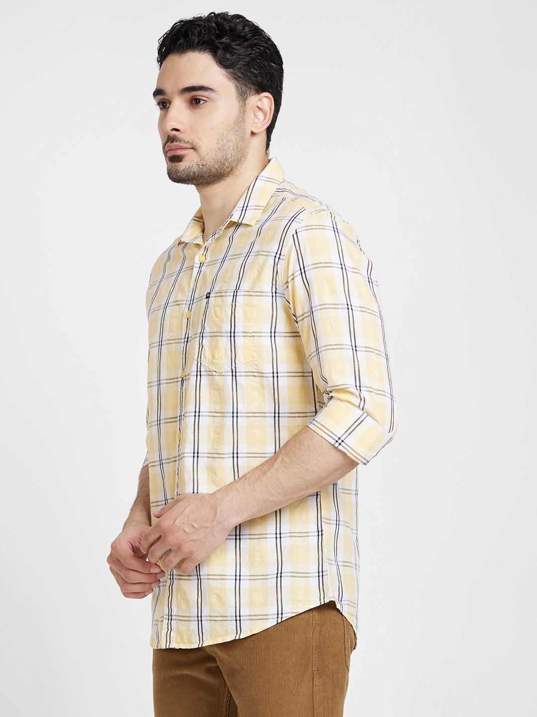 Spykar | Spykar Men Butter Yellow Cotton Slim Fit Checkered Shirt 3