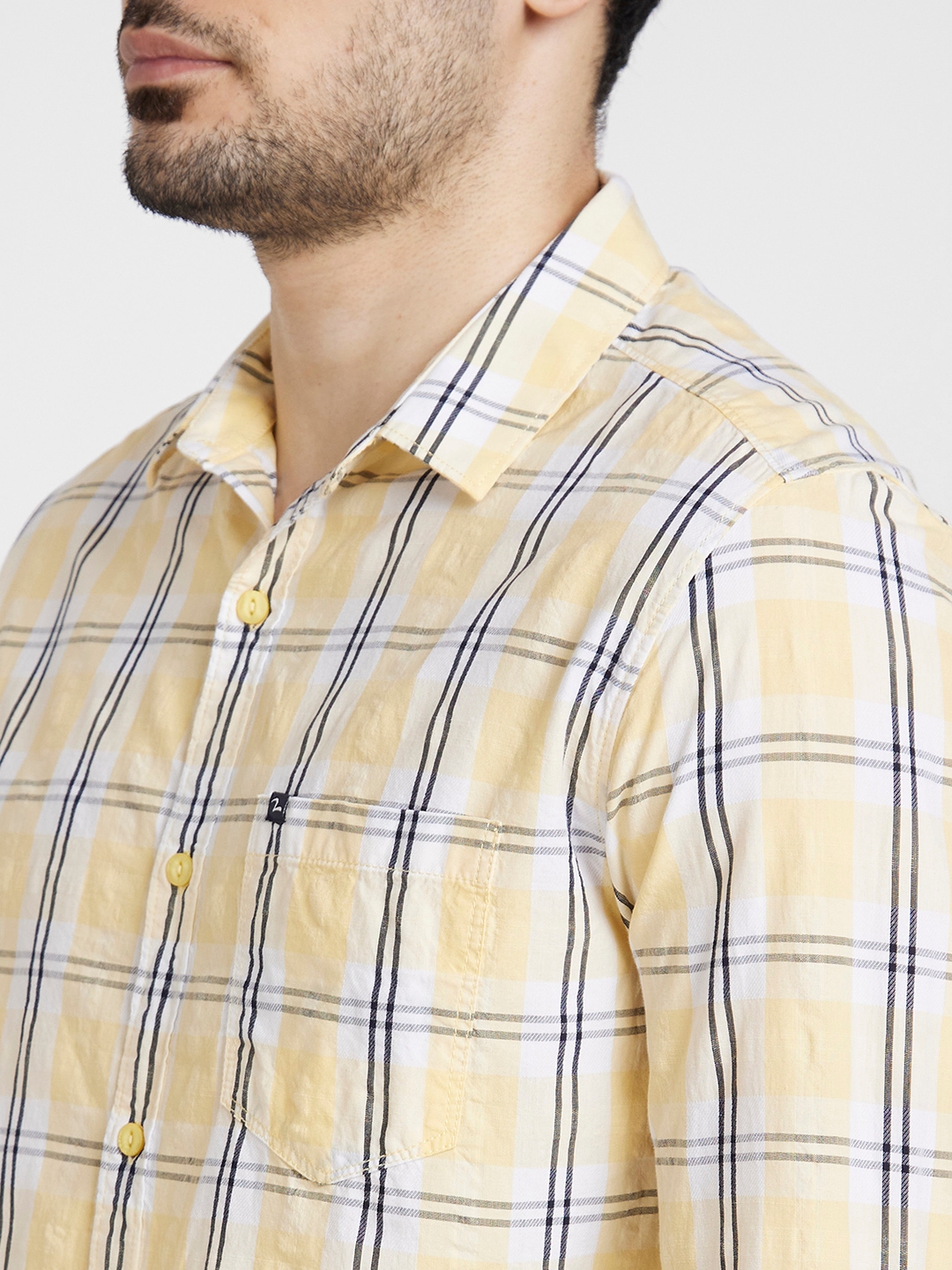 Spykar | Spykar Men Butter Yellow Cotton Slim Fit Checkered Shirt 4