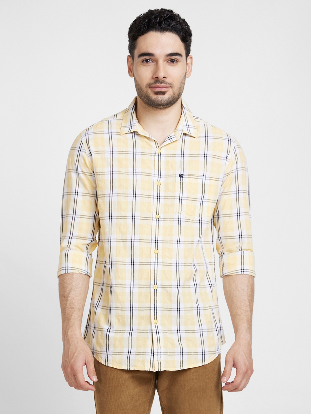 Spykar | Spykar Men Butter Yellow Cotton Slim Fit Checkered Shirt 0