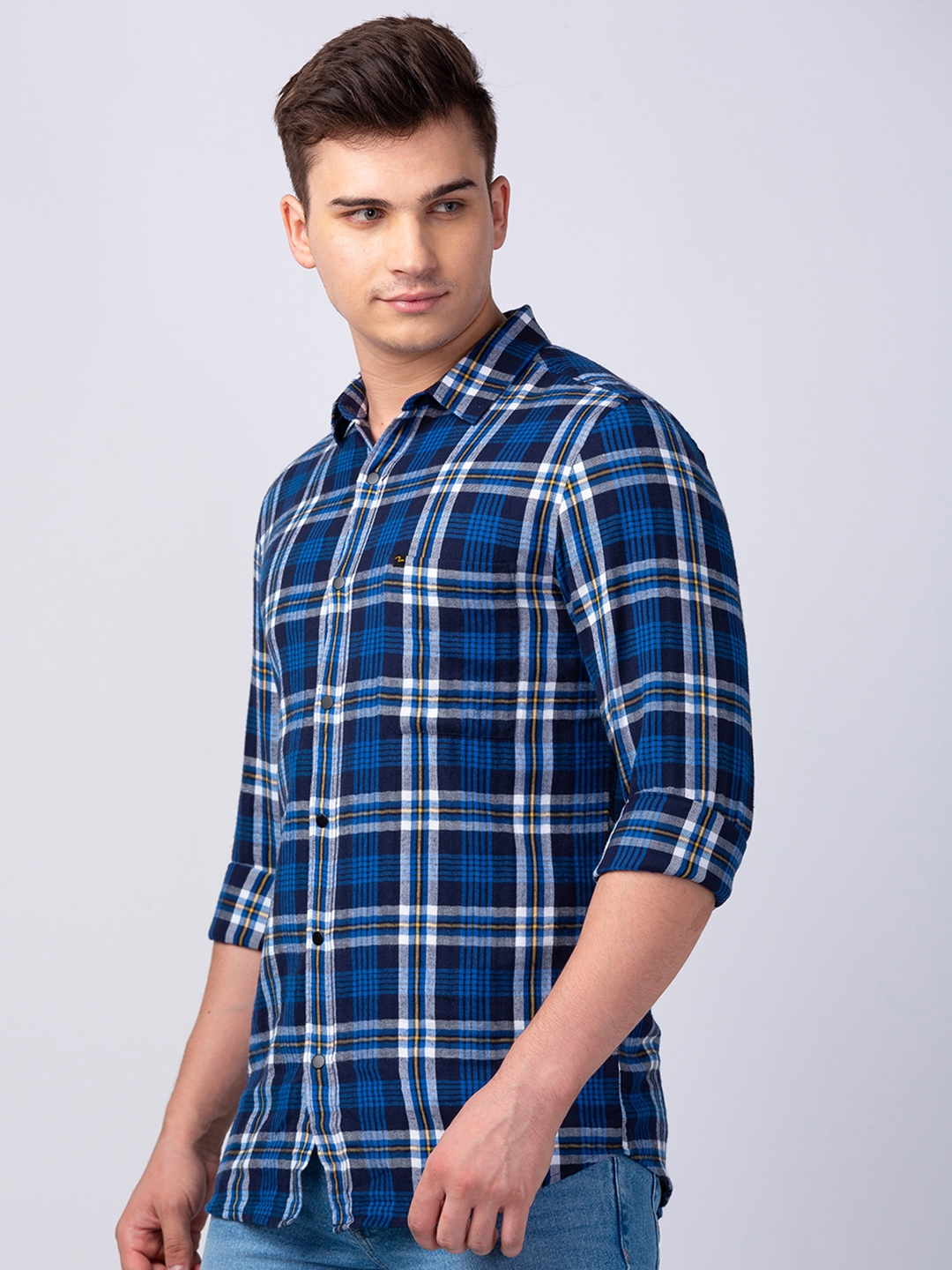 Spykar Men Navy Blue Cotton Slim Fit Checkered Shirt