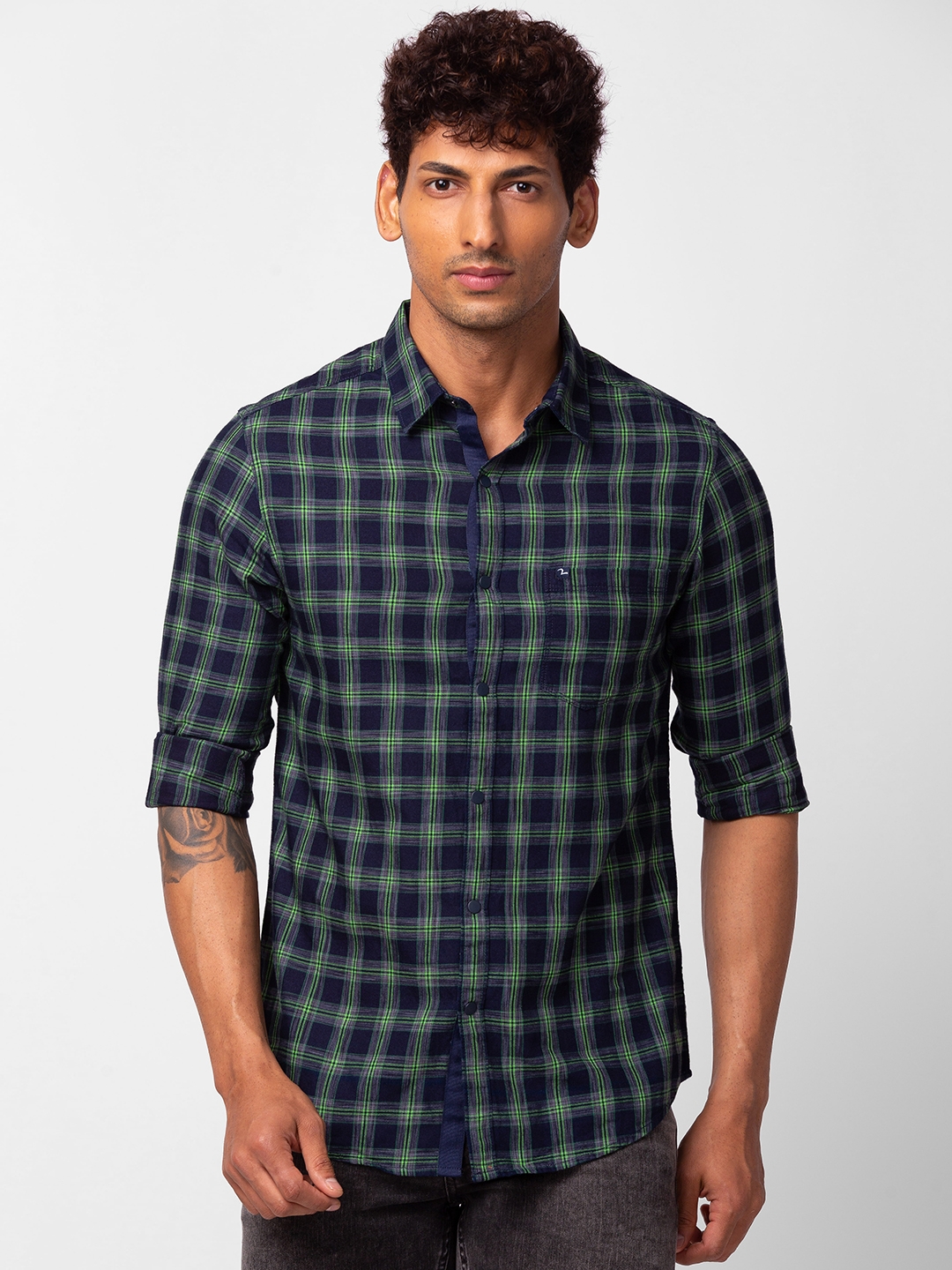 spykar | Spykar Men Navy Green Cotton Slim Fit Checkered Shirt 0