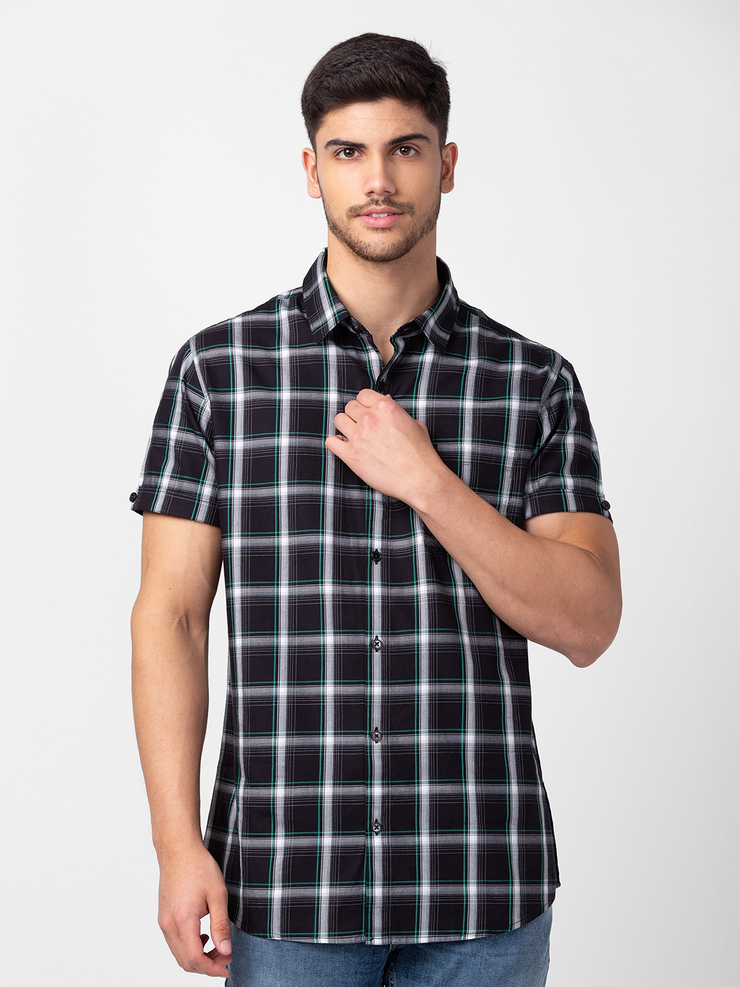 spykar | Spykar Men Black Cotton Slim Fit Checkered Shirt 0