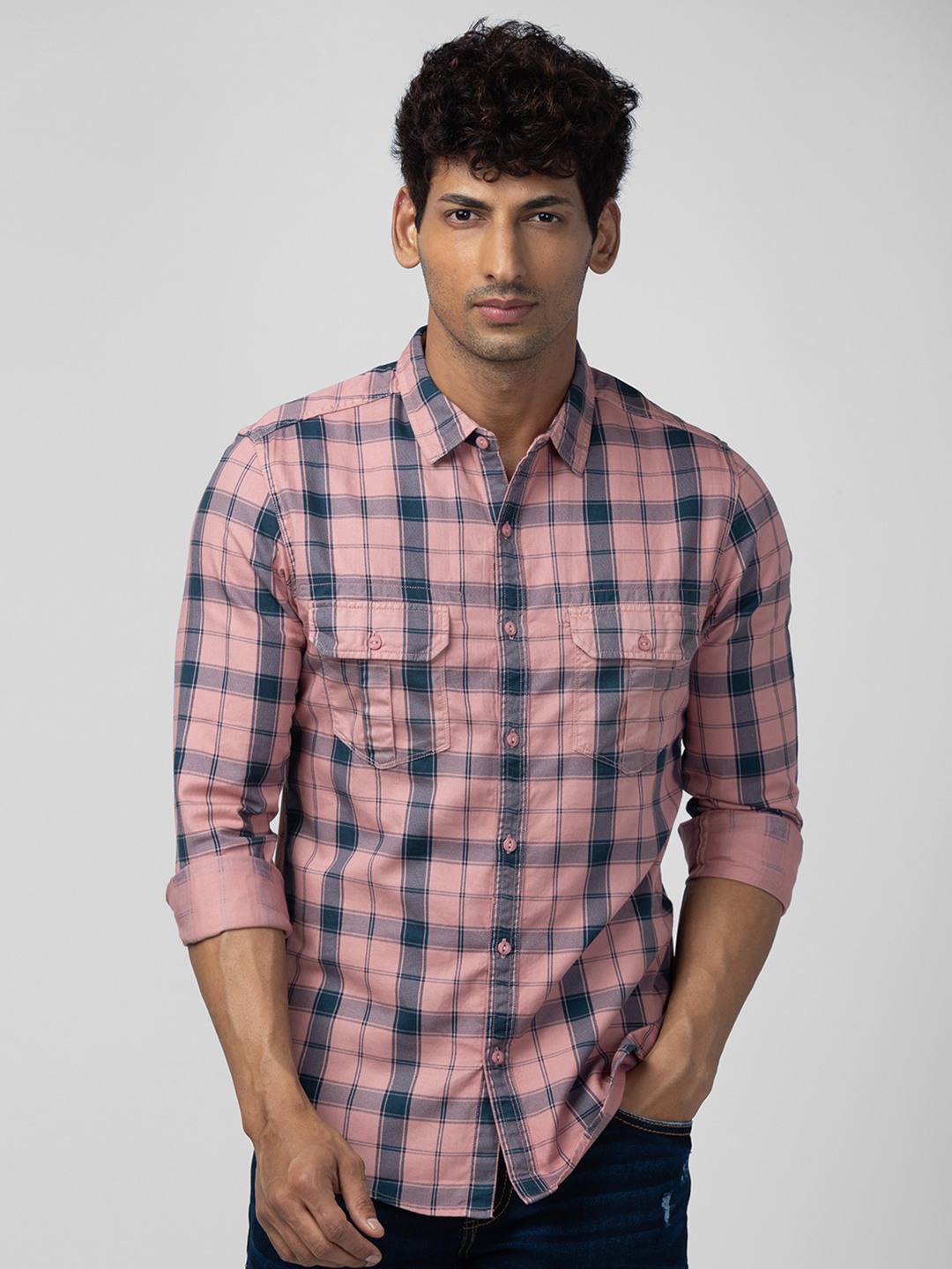 Pink checkered shirt mens hot sale