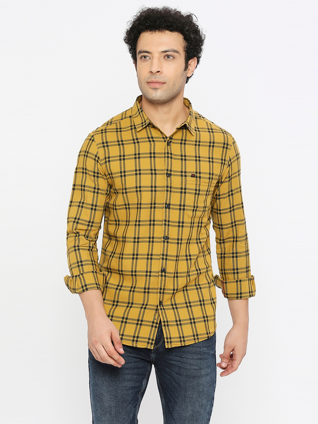 spykar | Spykar Men Khaki Cotton Slim Fit Full Sleeve Checkered Shirt 0