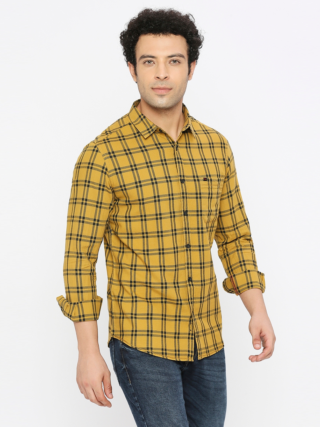 spykar | Spykar Men Khaki Cotton Slim Fit Full Sleeve Checkered Shirt 2