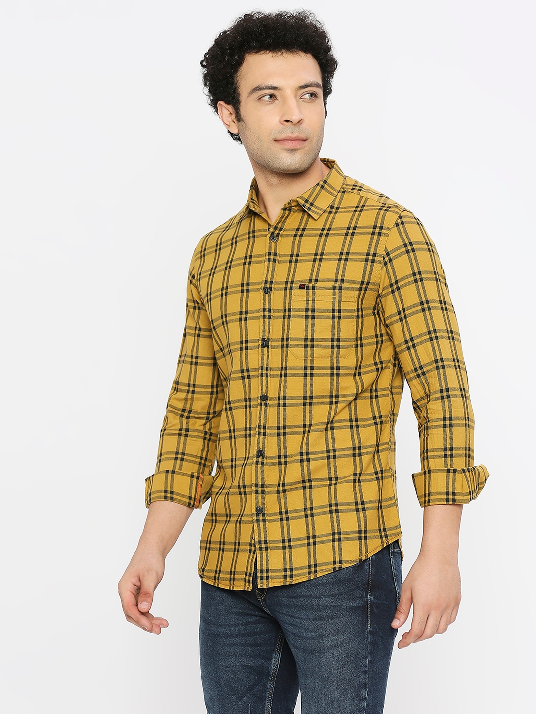 spykar | Spykar Men Khaki Cotton Slim Fit Full Sleeve Checkered Shirt 1