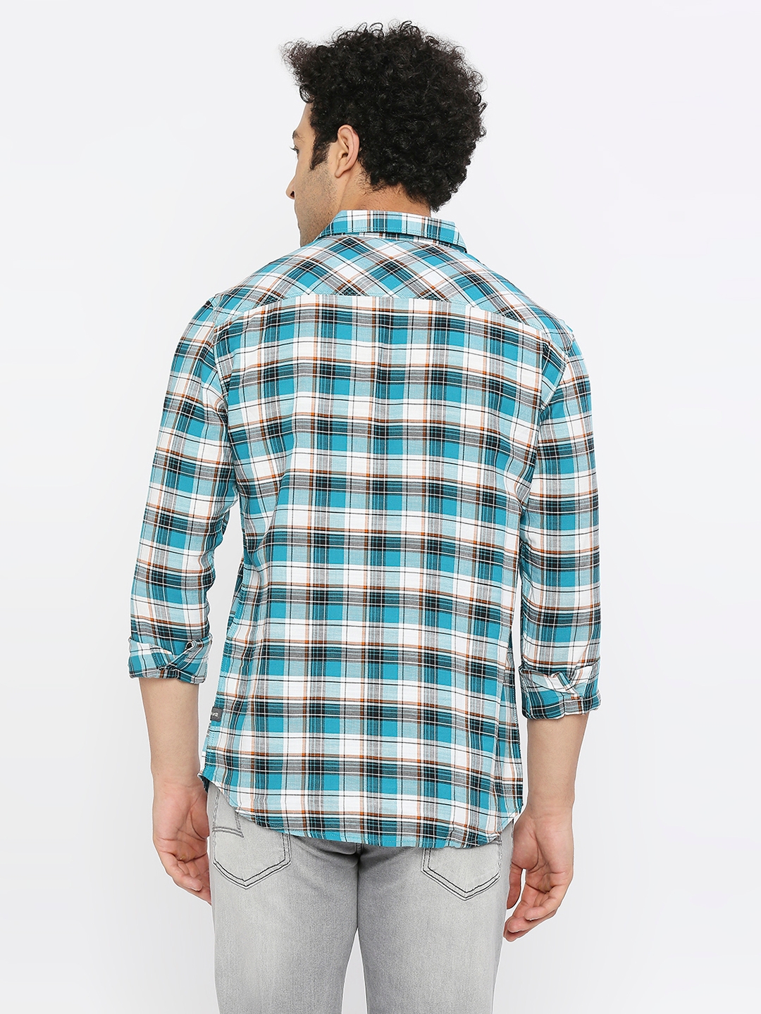 spykar | Spykar Men Dusty Turquoise Slub Slim Fit Full Sleeve Checkered Shirt 3