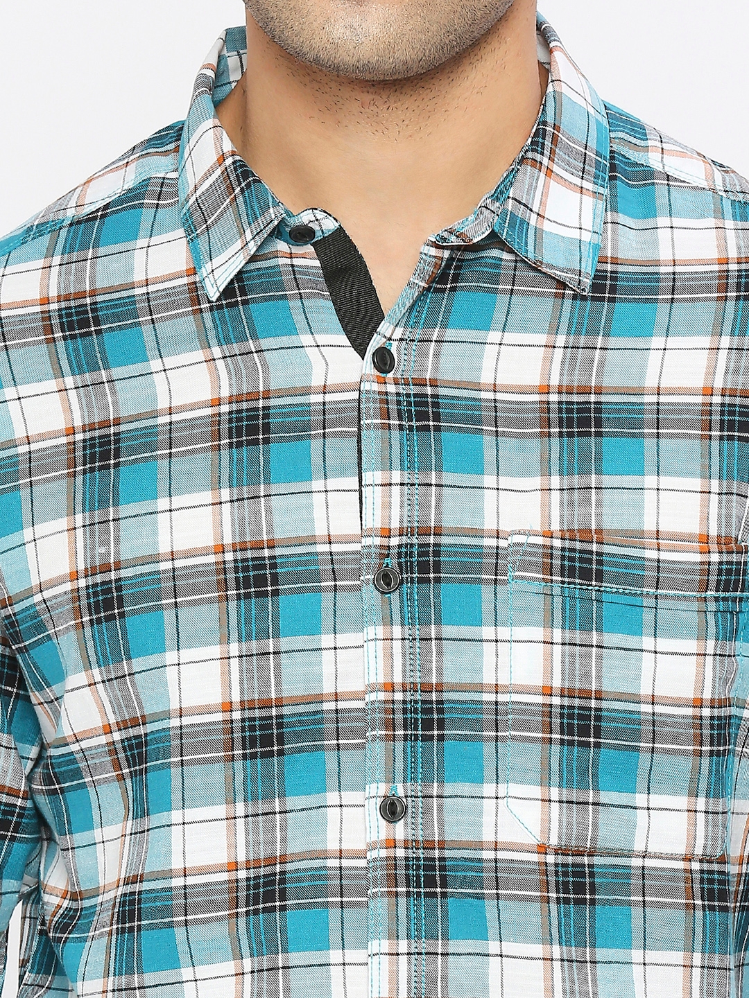 spykar | Spykar Men Dusty Turquoise Slub Slim Fit Full Sleeve Checkered Shirt 4