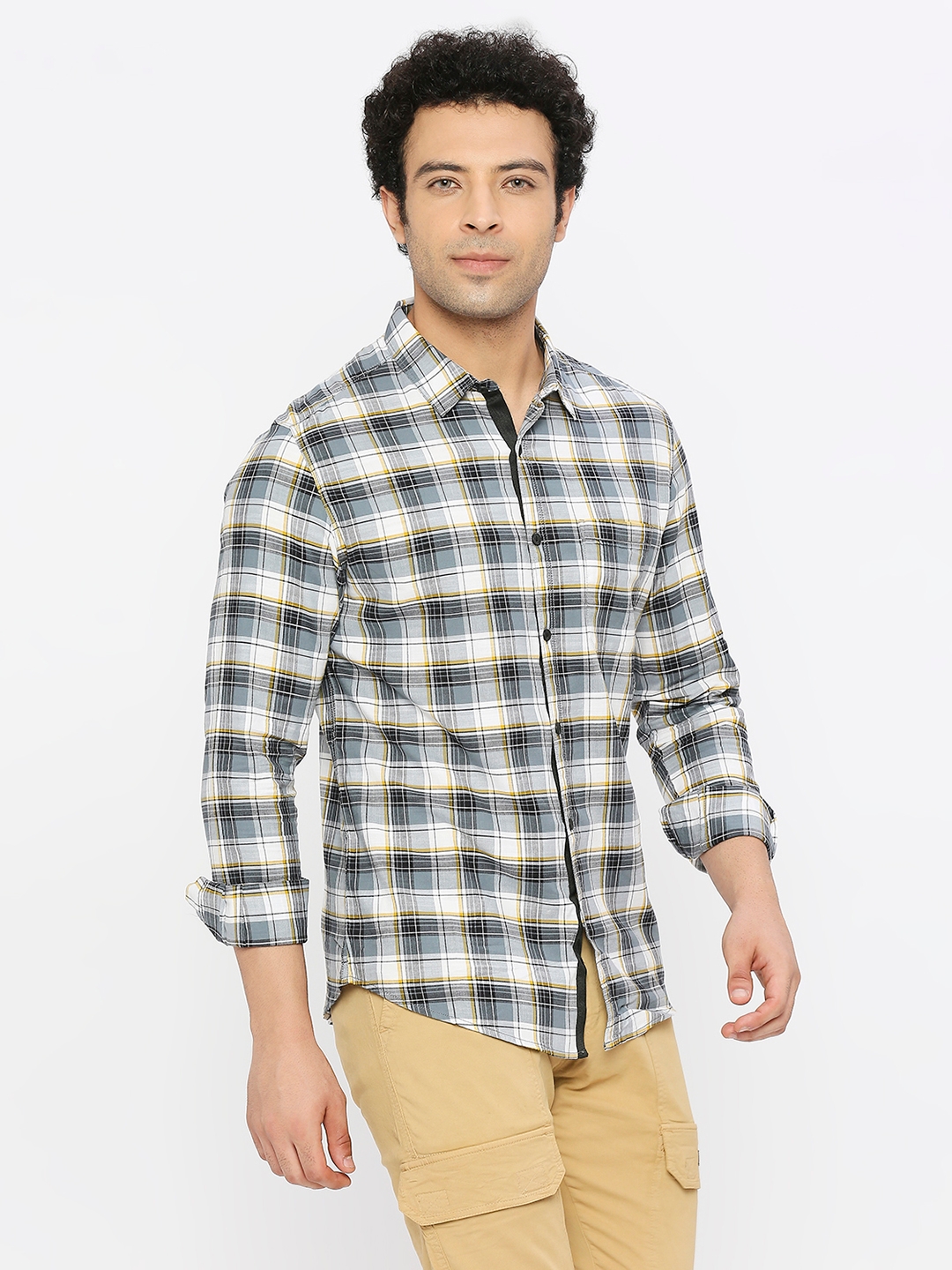 Spykar | Spykar Men Grey Slub Slim Fit Full Sleeve Checkered Shirt 2