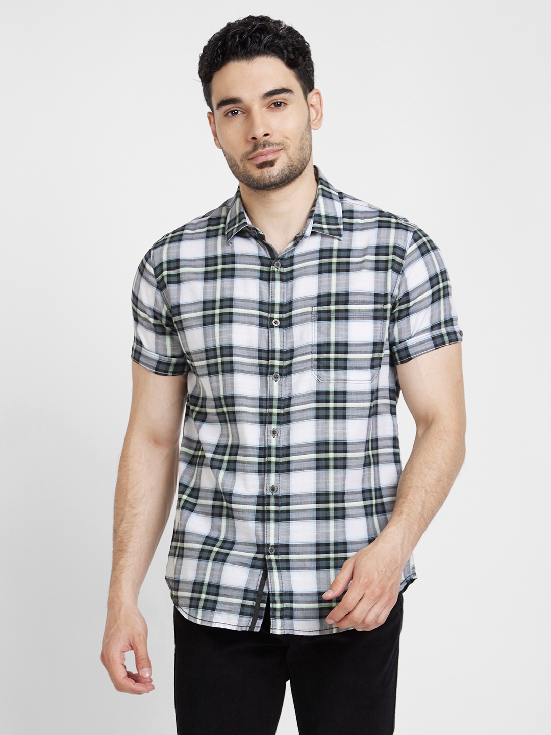 Spykar | Spykar Men Black Cotton Linen Slim Fit Checkered Shirt 0