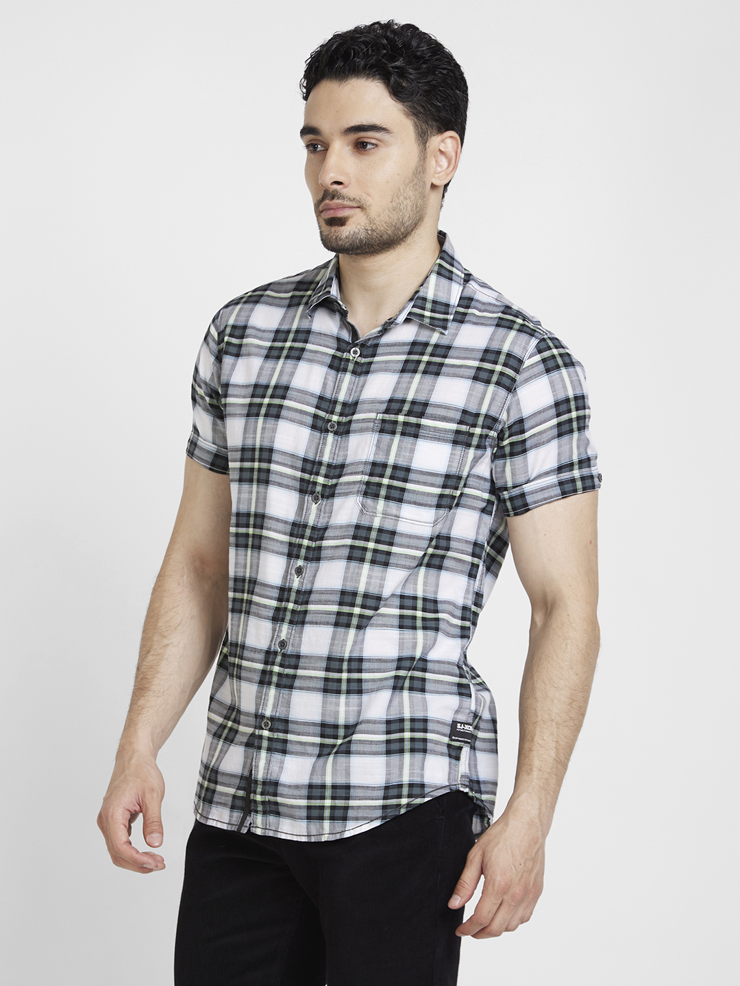 Spykar | Spykar Men Black Cotton Linen Slim Fit Checkered Shirt 3