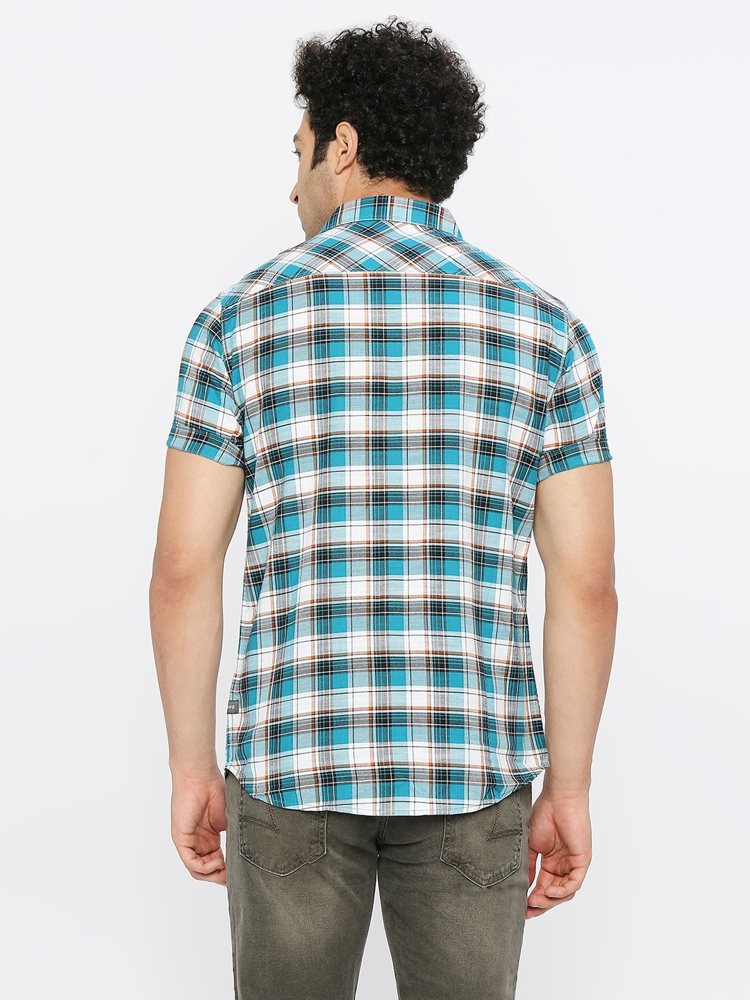 spykar | Spykar Men Dusty Turquoise Slub Slim Fit Half Sleeve Checkered Shirt 3