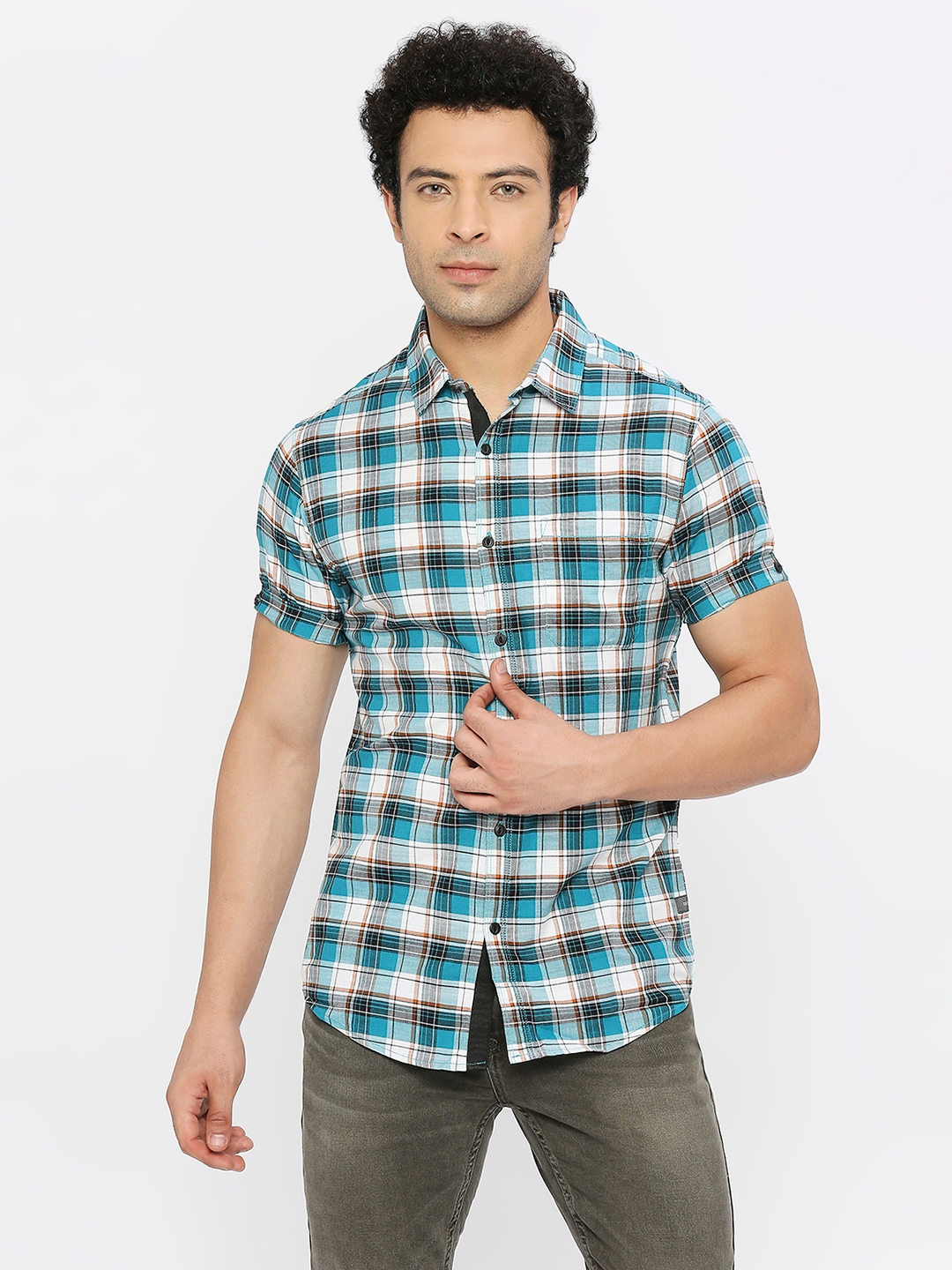 spykar | Spykar Men Dusty Turquoise Slub Slim Fit Half Sleeve Checkered Shirt 0