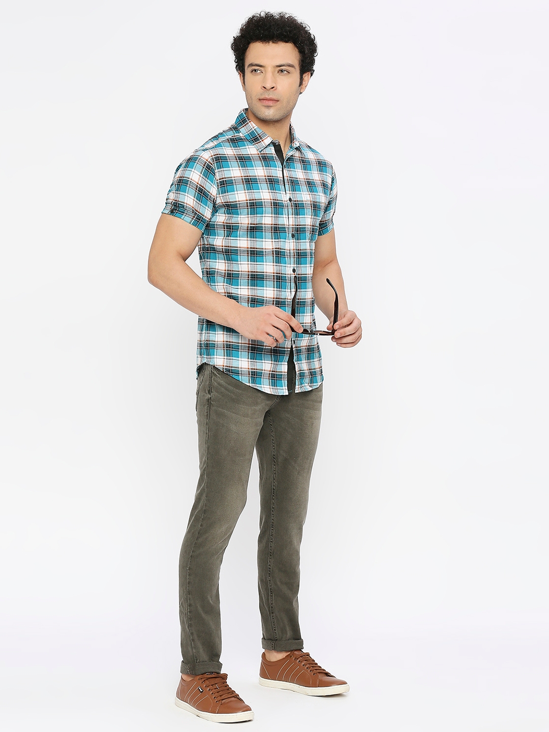 spykar | Spykar Men Dusty Turquoise Slub Slim Fit Half Sleeve Checkered Shirt 5