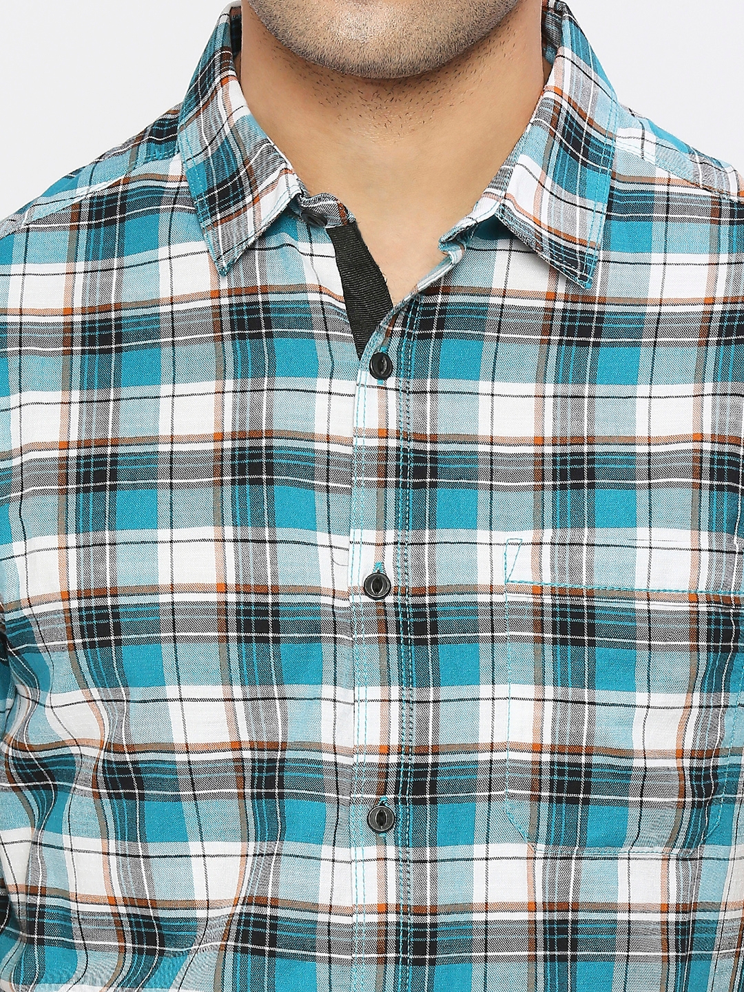 spykar | Spykar Men Dusty Turquoise Slub Slim Fit Half Sleeve Checkered Shirt 4