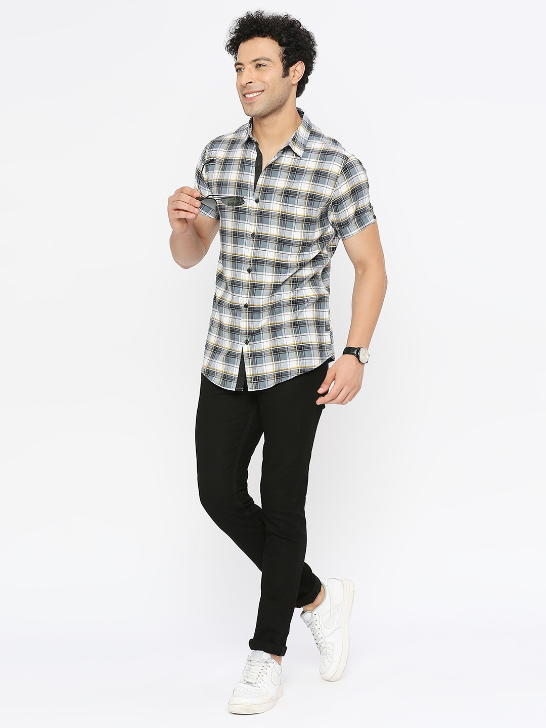 spykar | Spykar Men Grey Slub Slim Fit Half Sleeve Checkered Shirt 5