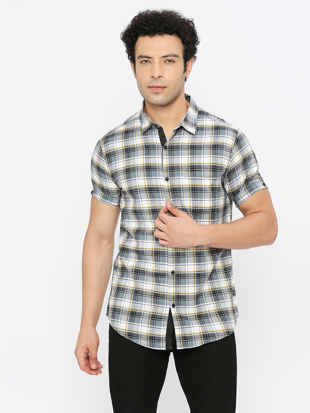spykar | Spykar Men Grey Slub Slim Fit Half Sleeve Checkered Shirt 0